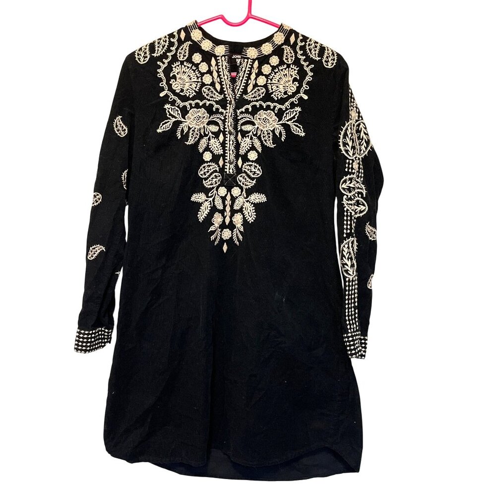 Johnny Was Workshop Black Embroidered Corduroy Tunic Dress S Ivory Floral Accent